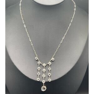 Vintage Silver Tone Clear Crystal Drop Bib Necklace 16" Paperclip Chain